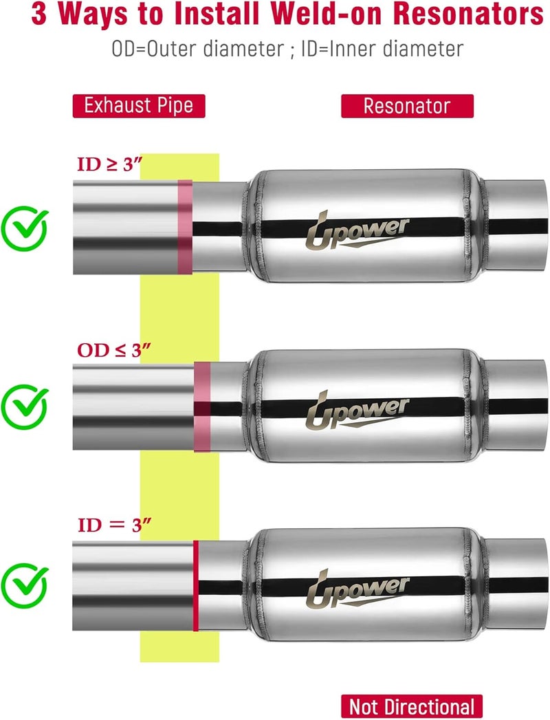 U-Power 3" Inlet&Outlet Exhaust Resonator,12" Overall Length Center Straight Through Stainless Steel Muffler,Polished - Image 3